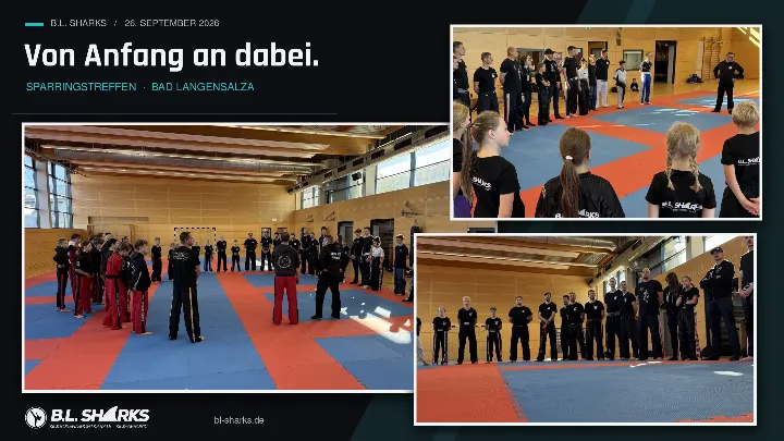 Sparringstreffen 26.09.2026, Collage: Große Runde in der Sporthalle vor Trainingsbeginn, Kinder der B.L. Sharks von hinten