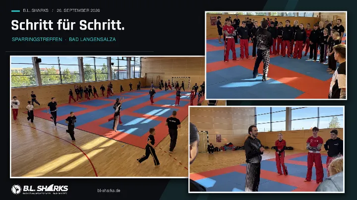 Sparringstreffen 26.09.2026, Collage: Aufwärmen quer durch die Halle, Trainer erklärt einer Gruppe Jugendlicher eine Übung