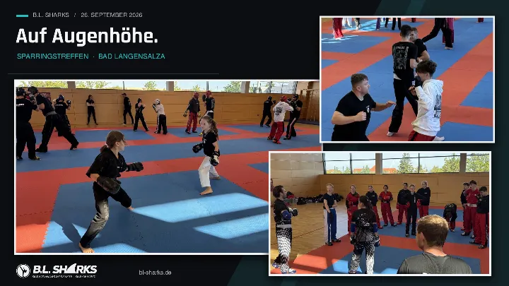 Sparringstreffen 26.09.2026, Collage: Zwei Mädchen im Sparring, Trainer korrigiert einen Jugendlichen, Gruppe hört zu