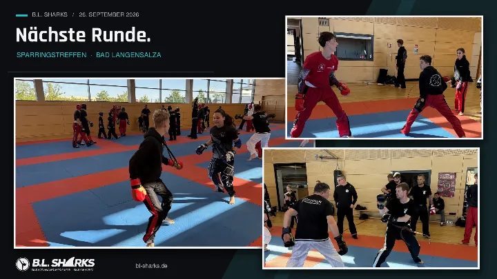 Sparringstreffen 26.09.2026, Collage: Jugendliche im Leichtkontakt-Sparring, Erwachsene üben mit Pratzen