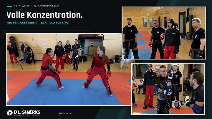 Sparringstreffen 26.09.2026, Collage: Zwei Sportlerinnen im Sparring, Trainer und Sportler warten am Mattenrand