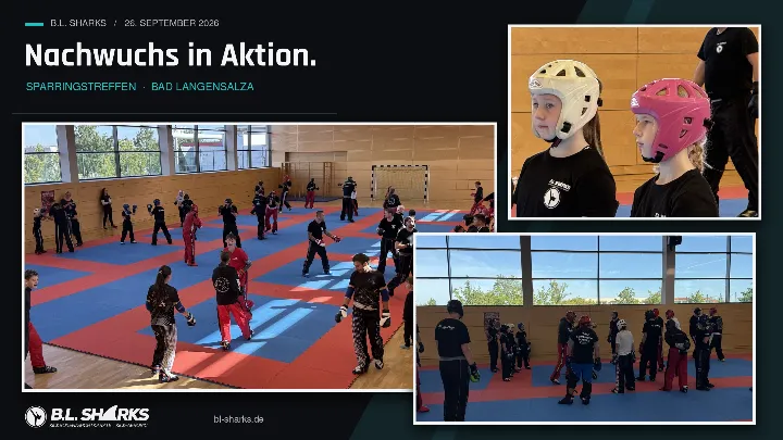 Sparringstreffen 26.09.2026, Collage: Viele Paare im Sparring in der großen Halle, zwei Mädchen mit Kopfschutz schauen zu